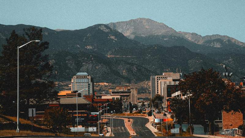 Downtown Colorado Springs with Pikes Peak in the background